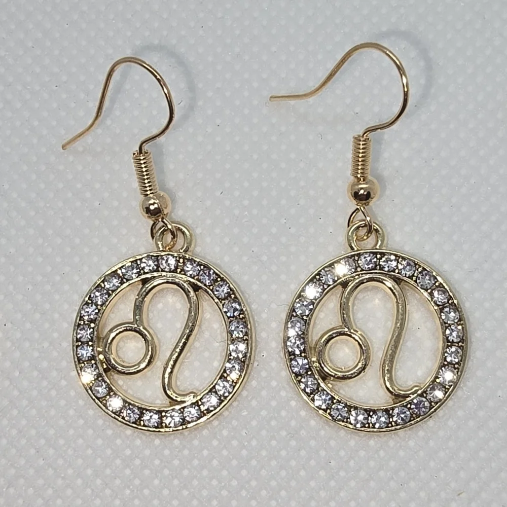 Zodiac Sign Hook Earrings! Hypo-Allergenic Handmade Gold Color with Cubic Zircon